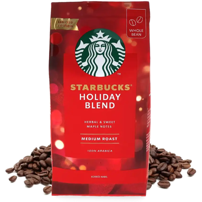 190g Holiday Blend Starbucks® Grains de café - Torréfaction moyenne - 100 % Arabica - Sirop d'érable, Sucré - Noir - Meilleur café - Pas cher - Publicité 190g Holiday Blend Starbucks® Grains de café - Torréfaction moyenne - 100 % Arabica - Sirop d'érable, Sucré - Noir - Meilleur café - Pas cher - Publicité