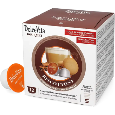 Dolce Vita Biscottone - Biscuits à la cannelle - 12 Capsules de café pour Dolce Gusto - Compatible Dolce Gusto - Publicité Dolce Vita Biscottone - Biscuits à la cannelle - 12 Capsules de café pour Dolce Gusto - Compatible Dolce Gusto - Publicité