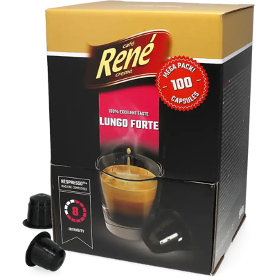 Café René Lungo Forte - 100 Capsules de café pour Nespresso® - Lungo - Compatible Nespresso® - Publicité Café René Lungo Forte - 100 Capsules de café pour Nespresso® - Lungo - Compatible Nespresso® - Publicité