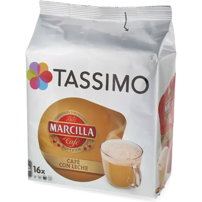 Marcilla Café con Leche - 16 Capsules de café pour Tassimo - Café au lait - Café Caramel - Compatible Tassimo - Publicité Marcilla Café con Leche - 16 Capsules de café pour Tassimo - Café au lait - Café Caramel - Compatible Tassimo - Publicité