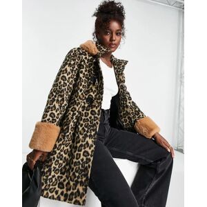 Miss Selfridge Duffle coat coupe trapaA¨ze aA  imprimaA© laA©opard avec fausse fourrure Multicolore Multicolore 38 female