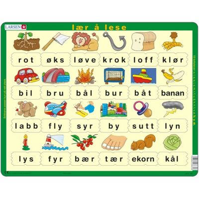 Larsen Puzzle Puzzle Cadre - Lær å lese (små bokstaver) (en Norvégien) - 10 à 25 pièces - Publicité Larsen Puzzle Puzzle Cadre - Lær å lese (små bokstaver) (en Norvégien) - 10 à 25 pièces - Publicité