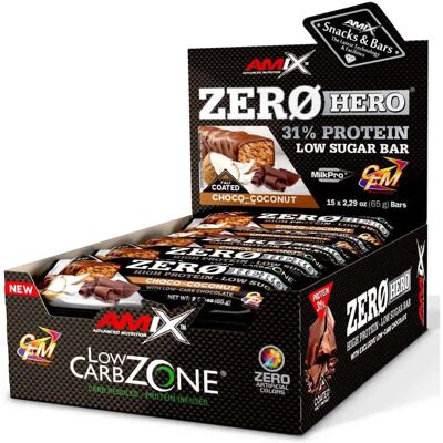 Amix Boîte De Barres Protéinées Low Carb Zerohero Chocolat Et Noix De Coco 65g 15 Unités - Publicité Amix Boîte De Barres Protéinées Low Carb Zerohero Chocolat Et Noix De Coco 65g 15 Unités - Publicité