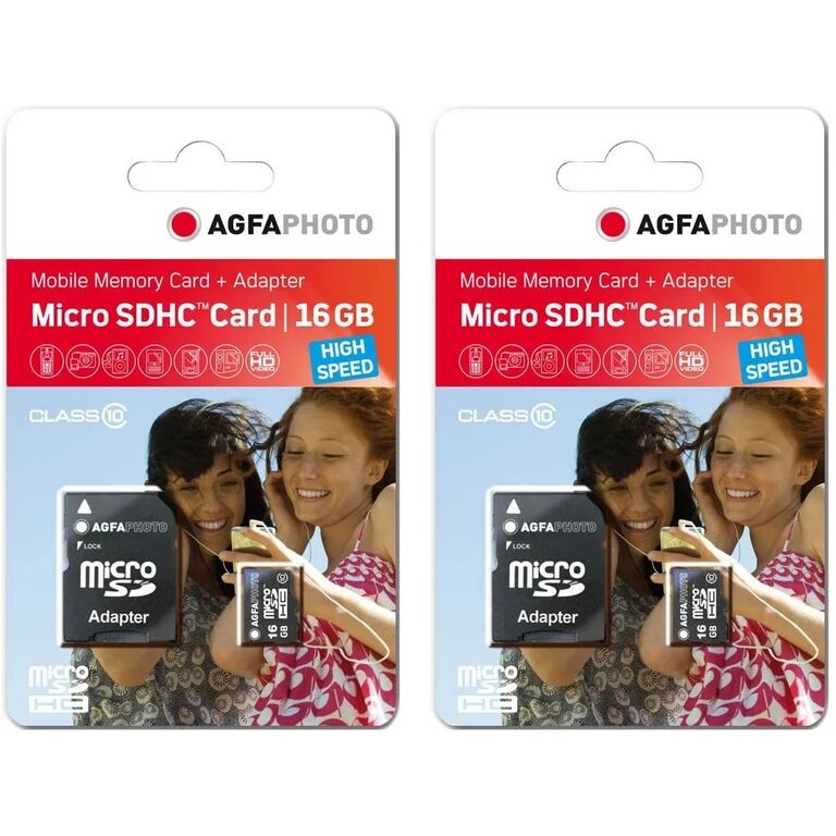 Agfa Photo AgfaPhoto Pack 2 cartes mémoire microSDHC 10580 - Capacité 16GB + 16GB - Noir - Neuf