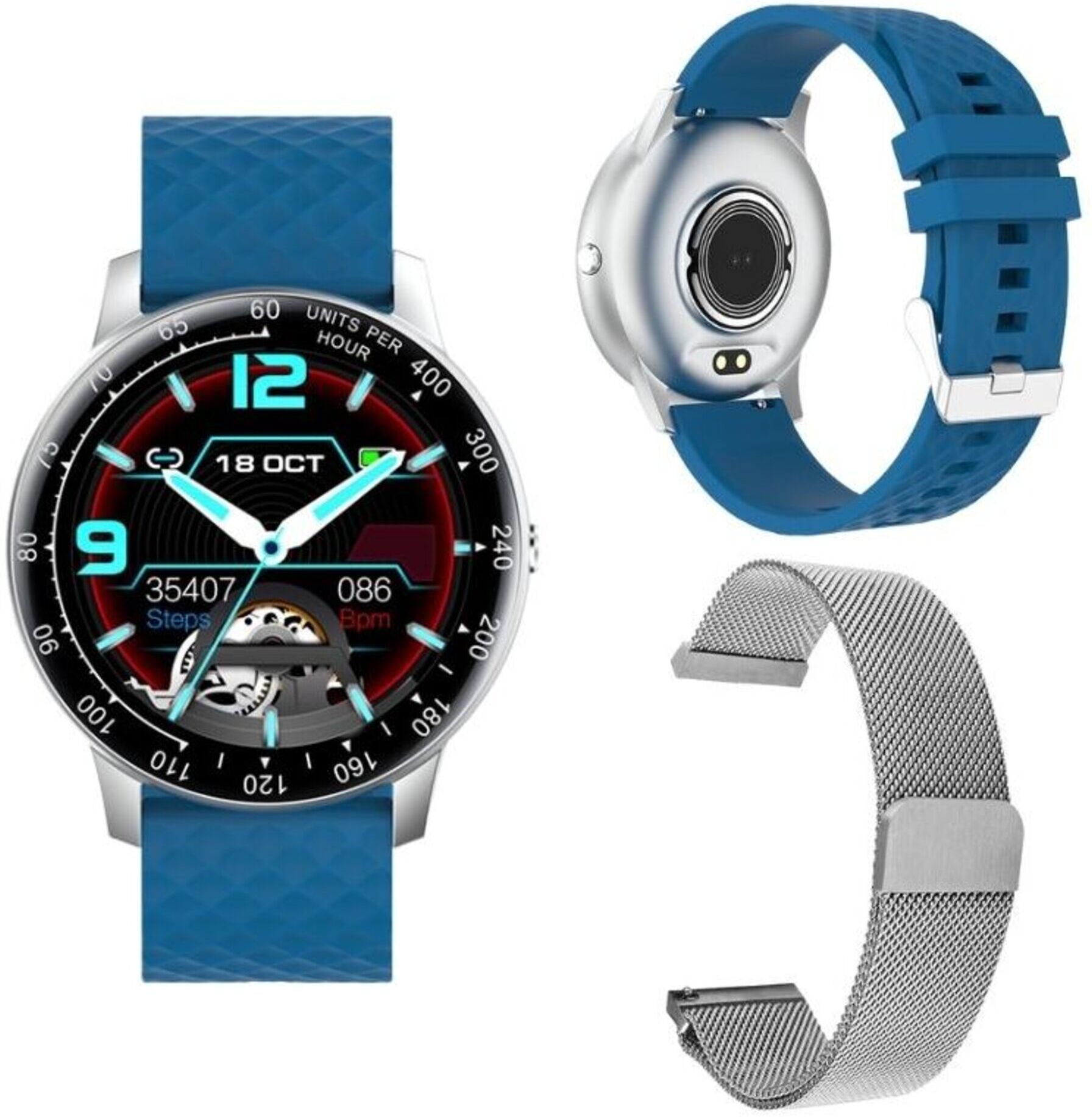 OEM Montre intelligente H30, 1,3'' TFT HD, Bluetooth 4.0, podomètre, calories, distance parcourue, notifications : Appel, SMS, réseaux sociaux - Bleu/Argenté - Neuf