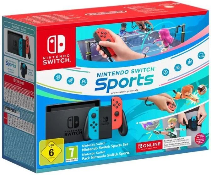 Switch & Nintendo Switch Sports (Pré-installé) + 3 mois d'abonnement NSO (Code), Bleu Néon & Rouge - Neuf