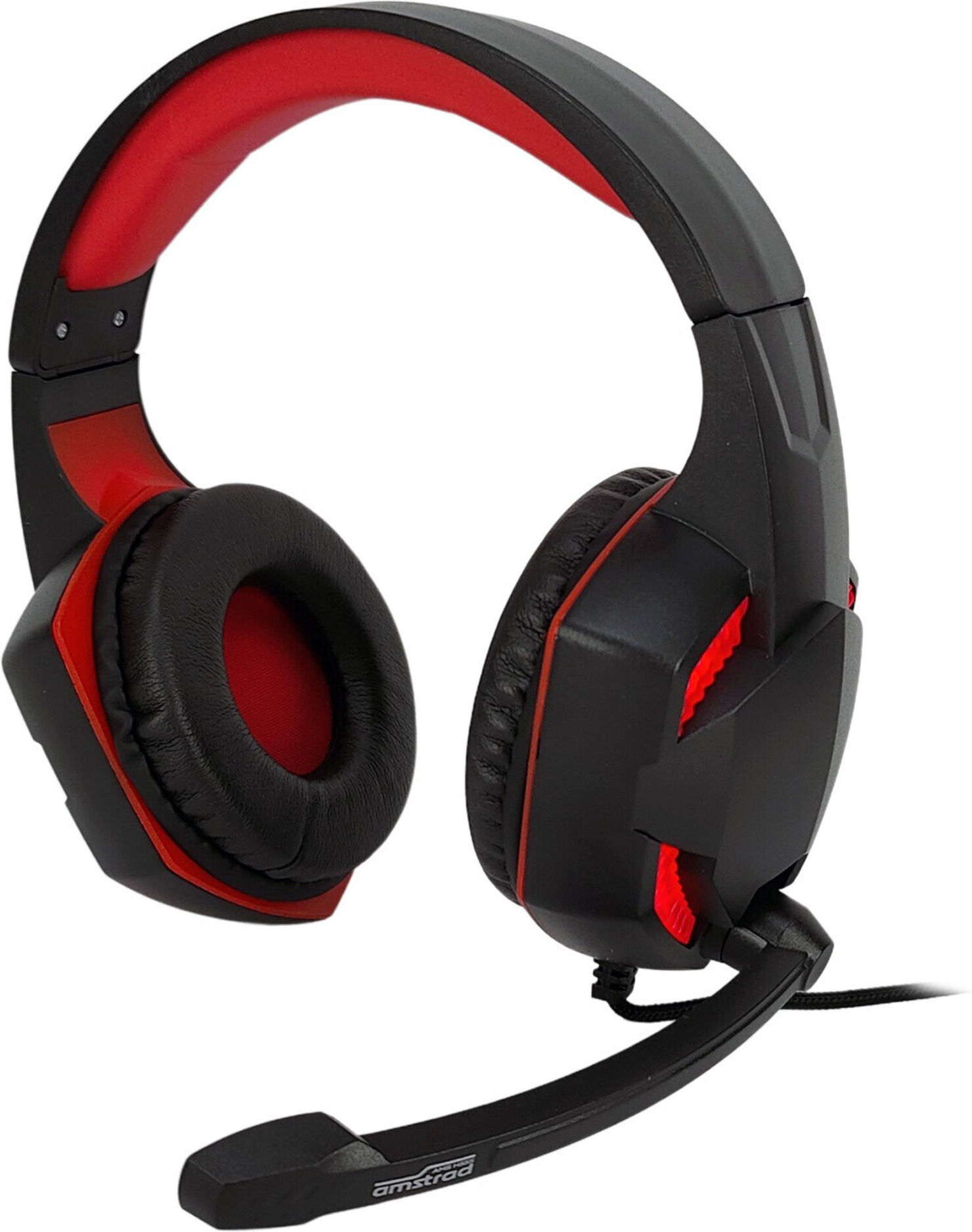 Amstrad Casque Pro Gamer Basic AMS H555 Rouge avec Rétroéclairage LED - 40mm Power Bass avec Micro intégré, réglage Volume - Neuf