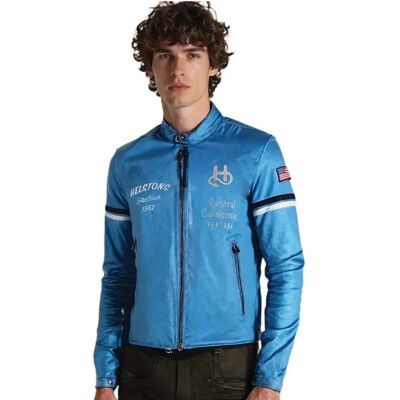 Blouson Nashville en cuir Helstons Bleu Ciel - Veste moto - Publicité Blouson Nashville en cuir Helstons Bleu Ciel - Veste moto - Publicité