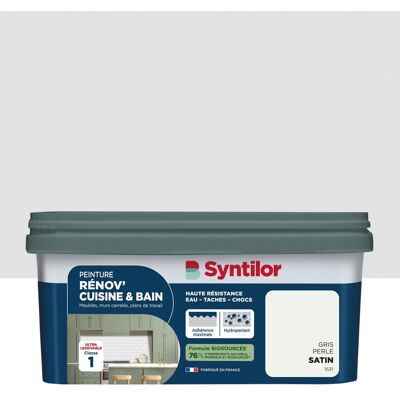 Peinture meuble gris perle satin SYNTILOR Renov' cuisine et bain 2l - Publicité Peinture meuble gris perle satin SYNTILOR Renov' cuisine et bain 2l - Publicité