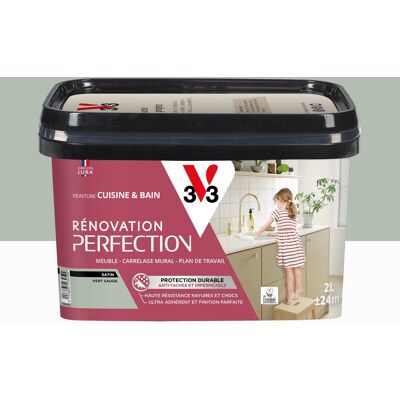 Peinture meuble, V33 Rénovation cuisine et bain, 2l, vert sauge satin - Publicité Peinture meuble, V33 Rénovation cuisine et bain, 2l, vert sauge satin - Publicité