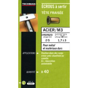 TECHMAN 40 écrous M5 à sertir acier avec tête fraisée - Publicité TECHMAN 40 écrous M5 à sertir acier avec tête fraisée - Publicité