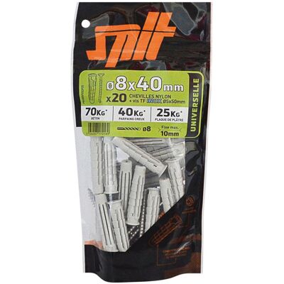 Lot de 20 Cheville murale avec vis SPIT, 8 x L.40 mm - Publicité Lot de 20 Cheville murale avec vis SPIT, 8 x L.40 mm - Publicité