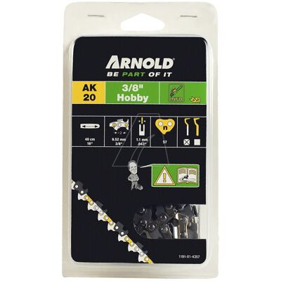 Arnold Chaîne de tronçonneuse 3/8", 1,1 mm - 57 maillons entraîneurs - gouges demi-rondes - Publicité Arnold Chaîne de tronçonneuse 3/8", 1,1 mm - 57 maillons entraîneurs - gouges demi-rondes - Publicité
