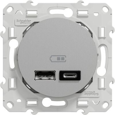 Prise chargeur double usb A+C 12W à assembler Odace, SCHNEIDER ELECTRIC, aluminium - Publicité Prise chargeur double usb A+C 12W à assembler Odace, SCHNEIDER ELECTRIC, aluminium - Publicité