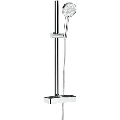Sans marque Pommeau de douche 3 jets, flexible, barre et tablette chrome, MTK - Publicité Sans marque Pommeau de douche 3 jets, flexible, barre et tablette chrome, MTK - Publicité