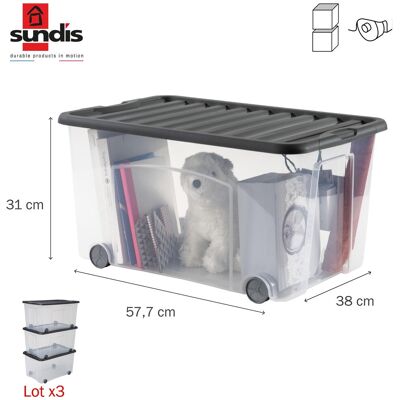 Lot de 3 bacs SUNDIS polypropylene transparent l.38 x H.31 cm, 50 l - Publicité Lot de 3 bacs SUNDIS polypropylene transparent l.38 x H.31 cm, 50 l - Publicité