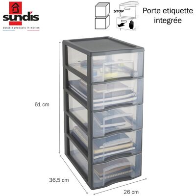 SUNDIS Tour de rangement plastique A4 Tag Tower 5 tiroirs transparents - gris - Publicité SUNDIS Tour de rangement plastique A4 Tag Tower 5 tiroirs transparents - gris - Publicité