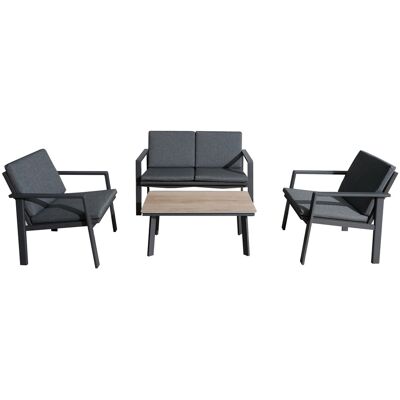 PROLOISIRS Set ensemble 4 pièces Sun en aluminium/SPC avec coussins - graphite/oak/gris - Publicité PROLOISIRS Set ensemble 4 pièces Sun en aluminium/SPC avec coussins - graphite/oak/gris - Publicité