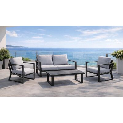 HEVEA Salon de jardin - BOLONIA-7 LUX - Aluminium anthracite - Table basse bois - Coussins tissu Cloud gris clair - 4 à 5 places - Publicité HEVEA Salon de jardin - BOLONIA-7 LUX - Aluminium anthracite - Table basse bois - Coussins tissu Cloud gris clair - 4 à 5 places - Publicité