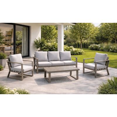 HEVEA Salon de jardin - BOLONIA-8 LUX - Aluminium champagne - Table basse bois - Coussins tissu Cloud gris clair - 4 à 6 places - Publicité HEVEA Salon de jardin - BOLONIA-8 LUX - Aluminium champagne - Table basse bois - Coussins tissu Cloud gris clair - 4 à 6 places - Publicité