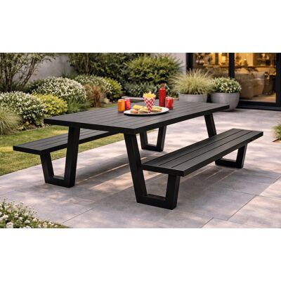 HEVEA Table et bancs de jardin YULIEN - Aluminium finition anthracite - 6 à 8 places - Publicité HEVEA Table et bancs de jardin YULIEN - Aluminium finition anthracite - 6 à 8 places - Publicité