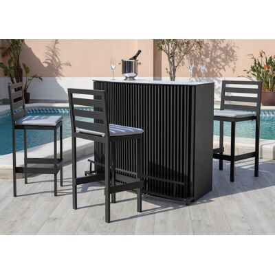 HEVEA Bar de jardin DANTEL + 3 tabourets MARIBOR - Aluminium finition anthracite - Coussins LUX gris clair - Publicité HEVEA Bar de jardin DANTEL + 3 tabourets MARIBOR - Aluminium finition anthracite - Coussins LUX gris clair - Publicité