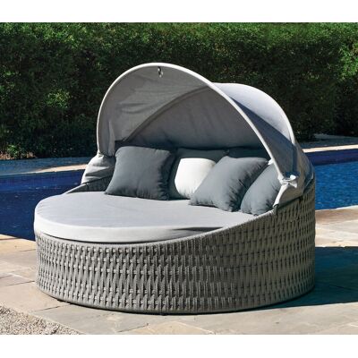 HEVEA Lit de jardin rond double avec pare-soleil - TENERIFE-15 LUX - Aluminium anthracite et corde grise - Coussins gris clair - Publicité HEVEA Lit de jardin rond double avec pare-soleil - TENERIFE-15 LUX - Aluminium anthracite et corde grise - Coussins gris clair - Publicité