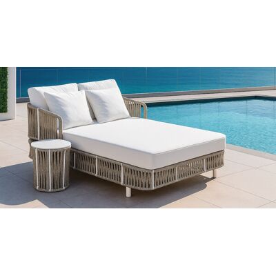 HEVEA Lit de jardin double avec table d’appoint - REINUS-CAMA-MESA LUX - Aluminium blanc et corde champagne - Coussins Liso blanc - Publicité HEVEA Lit de jardin double avec table d’appoint - REINUS-CAMA-MESA LUX - Aluminium blanc et corde champagne - Coussins Liso blanc - Publicité