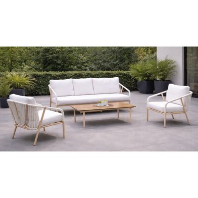 HEVEA Salon de jardin sofa aluminium et corde - MELBOURNE-8 LUX - Finition mélocoton avec corde blanche et plateau HPL Maderma - Couss - Publicité HEVEA Salon de jardin sofa aluminium et corde - MELBOURNE-8 LUX - Finition mélocoton avec corde blanche et plateau HPL Maderma - Couss - Publicité