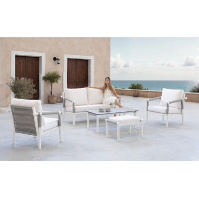 HEVEA Salon de jardin sofa aluminium et corde - MERLOT-7 LUX - Finition blanc avec corde grise et plateau HPL Argenta - Coussins Liso - Publicité HEVEA Salon de jardin sofa aluminium et corde - MERLOT-7 LUX - Finition blanc avec corde grise et plateau HPL Argenta - Coussins Liso - Publicité