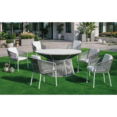 HEVEA Salon à manger de jardin - RHODOS 150 HPL TULIP/6 - Table ronde HPL - Fauteuils avec coussins LUX - 6 places - Publicité HEVEA Salon à manger de jardin - RHODOS 150 HPL TULIP/6 - Table ronde HPL - Fauteuils avec coussins LUX - 6 places - Publicité