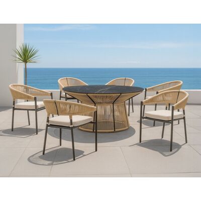 HEVEA Salon à manger de jardin - RHODOS 150 HPL ESPINEL/6 - Table ronde HPL - Fauteuils avec coussins LUX - 6 places - Publicité HEVEA Salon à manger de jardin - RHODOS 150 HPL ESPINEL/6 - Table ronde HPL - Fauteuils avec coussins LUX - 6 places - Publicité