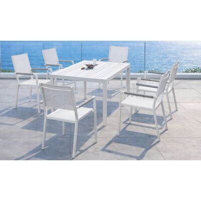 HEVEA Salon à manger de jardin - NALOA 200 ALU MOASIS/6 - Table aluminium - Fauteuils textilène avec accoudoirs tressés - 6 places - Publicité HEVEA Salon à manger de jardin - NALOA 200 ALU MOASIS/6 - Table aluminium - Fauteuils textilène avec accoudoirs tressés - 6 places - Publicité