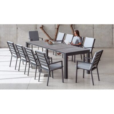 HEVEA Salon à manger de jardin - BAIRON 200/275 HPL PALMA-3 LUX - Table extensible HPL - Fauteuils avec coussins complets - 10 places - Publicité HEVEA Salon à manger de jardin - BAIRON 200/275 HPL PALMA-3 LUX - Table extensible HPL - Fauteuils avec coussins complets - 10 places - Publicité