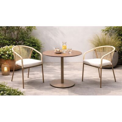 HEVEA Ensemble bistrot de jardin - VASELIN Ø80 HPL ALDEREN-3 LUX - Plateau HPL effet bois - Fauteuils avec coussins - 2 places - Publicité HEVEA Ensemble bistrot de jardin - VASELIN Ø80 HPL ALDEREN-3 LUX - Plateau HPL effet bois - Fauteuils avec coussins - 2 places - Publicité