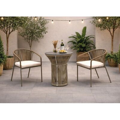HEVEA Ensemble bistrot de jardin - RODHOS ALDEREN - Table rond, 2 fauteuils avec coussins LUX - Plateau HPL effet marbre noir - 2 plac - Publicité HEVEA Ensemble bistrot de jardin - RODHOS ALDEREN - Table rond, 2 fauteuils avec coussins LUX - Plateau HPL effet marbre noir - 2 plac - Publicité