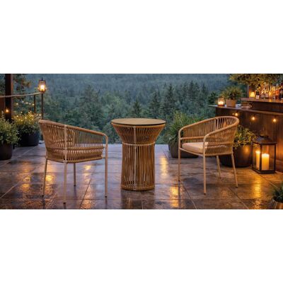 HEVEA Ensemble bistrot de jardin - RODHOS MIAMI - Table ronde Ø60 cm et 2 fauteuils avec coussins LUX - Plateau HPL effet bois - 2 pla - Publicité HEVEA Ensemble bistrot de jardin - RODHOS MIAMI - Table ronde Ø60 cm et 2 fauteuils avec coussins LUX - Plateau HPL effet bois - 2 pla - Publicité