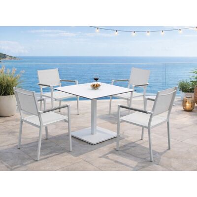 HEVEA Ensemble bistrot de jardin - BRISOL MOASIS - Table carrée 80 × 80 cm et 4 fauteuils en textilène - Plateau HPL blanc - 4 places - Publicité HEVEA Ensemble bistrot de jardin - BRISOL MOASIS - Table carrée 80 × 80 cm et 4 fauteuils en textilène - Plateau HPL blanc - 4 places - Publicité