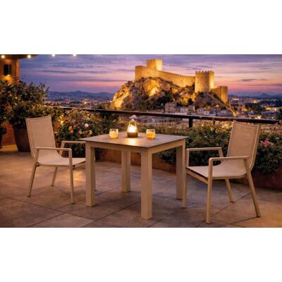 HEVEA Ensemble bistrot CAMELIA SIDNEY - Table carrée 90 × 90 cm et 2 fauteuils en textilène - Plateau HPL Maderma - 2 places - Publicité HEVEA Ensemble bistrot CAMELIA SIDNEY - Table carrée 90 × 90 cm et 2 fauteuils en textilène - Plateau HPL Maderma - 2 places - Publicité