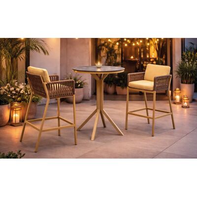HEVEA Ensemble bistrot bar - GIGLIO CATANIA - Table haute Ø80 cm et 2 tabourets bar avec coussins - Plateau HPL - 2 places - Publicité HEVEA Ensemble bistrot bar - GIGLIO CATANIA - Table haute Ø80 cm et 2 tabourets bar avec coussins - Plateau HPL - 2 places - Publicité