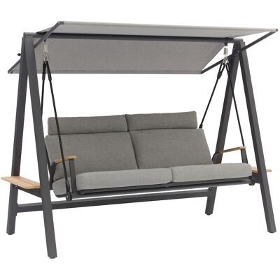 PROLOISIRS Balancelle DANDY - Aluminium époxy / Accoudoirs teck FSC / Coussin Olefin - Graphite - Publicité PROLOISIRS Balancelle DANDY - Aluminium époxy / Accoudoirs teck FSC / Coussin Olefin - Graphite - Publicité