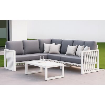 HEVEA Salon de jardin Sofa Corner - ABIGEIL-28 SET RINCONERA LUX - Aluminium blanc - Coussins tissu Madelem gris foncé - 4 à 6 places - Publicité HEVEA Salon de jardin Sofa Corner - ABIGEIL-28 SET RINCONERA LUX - Aluminium blanc - Coussins tissu Madelem gris foncé - 4 à 6 places - Publicité