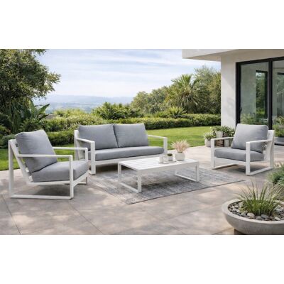HEVEA Salon de jardin sofa - ALELI-7 LUX - Aluminium finition blanc - Coussins tissu Cloud gris clair - 4 à 5 places - Publicité HEVEA Salon de jardin sofa - ALELI-7 LUX - Aluminium finition blanc - Coussins tissu Cloud gris clair - 4 à 5 places - Publicité
