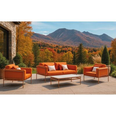 HEVEA Salon de jardin sofa - ANDROS-7 COUSSIN LUX - Aluminium finition madera tropical - Coussins tissu terracota - 4 à 5 places - Publicité HEVEA Salon de jardin sofa - ANDROS-7 COUSSIN LUX - Aluminium finition madera tropical - Coussins tissu terracota - 4 à 5 places - Publicité