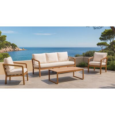 HEVEA Salon de jardin sofa aluminium - PORTOFINO-8 LUX - Finition marron tropical - Coussins Liso blanc - 4 à 6 places - Publicité HEVEA Salon de jardin sofa aluminium - PORTOFINO-8 LUX - Finition marron tropical - Coussins Liso blanc - 4 à 6 places - Publicité