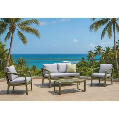 HEVEA Salon de jardin sofa aluminium - PORTOFINO-7 LUX - Finition verte - Coussins Cloud gris clair - 4 à 5 places - Publicité HEVEA Salon de jardin sofa aluminium - PORTOFINO-7 LUX - Finition verte - Coussins Cloud gris clair - 4 à 5 places - Publicité