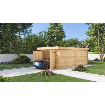 HABRITA Garage bois massif 16,24 m² madriers 28 mm - toit polycarbonate - double porte - Publicité HABRITA Garage bois massif 16,24 m² madriers 28 mm - toit polycarbonate - double porte - Publicité