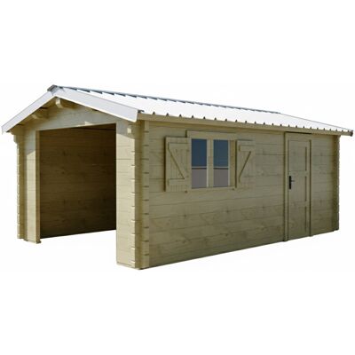 HABRITA Garage bois massif 19,73 m² madriers 42 mm - toit shingles double pente - Publicité HABRITA Garage bois massif 19,73 m² madriers 42 mm - toit shingles double pente - Publicité