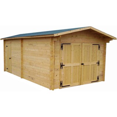 HABRITA Garage bois massif 21,7 m² madriers 42 mm - toit double pente feutre bitumé - porte en option - Publicité HABRITA Garage bois massif 21,7 m² madriers 42 mm - toit double pente feutre bitumé - porte en option - Publicité
