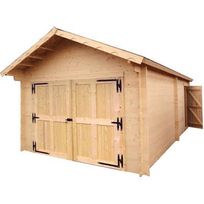 HABRITA Garage bois massif 24,23 m² madriers 60 mm - toit double pente ONDUCHAPE VV - porte bois - Publicité HABRITA Garage bois massif 24,23 m² madriers 60 mm - toit double pente ONDUCHAPE VV - porte bois - Publicité